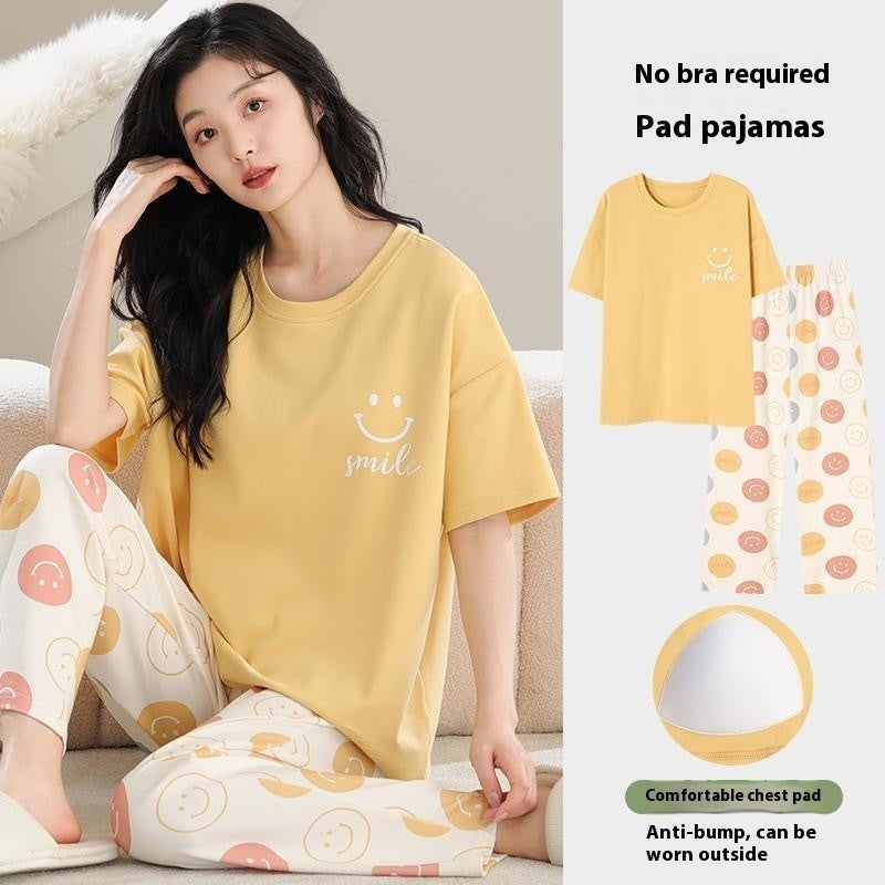 Women's Pajamas Summer Short Sleeve Trousers Sweet With Chest Pad Suit