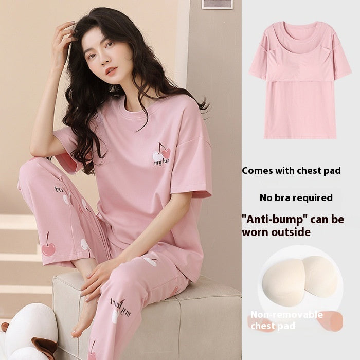 Women's Pajamas Summer Short Sleeve Trousers Sweet With Chest Pad Suit