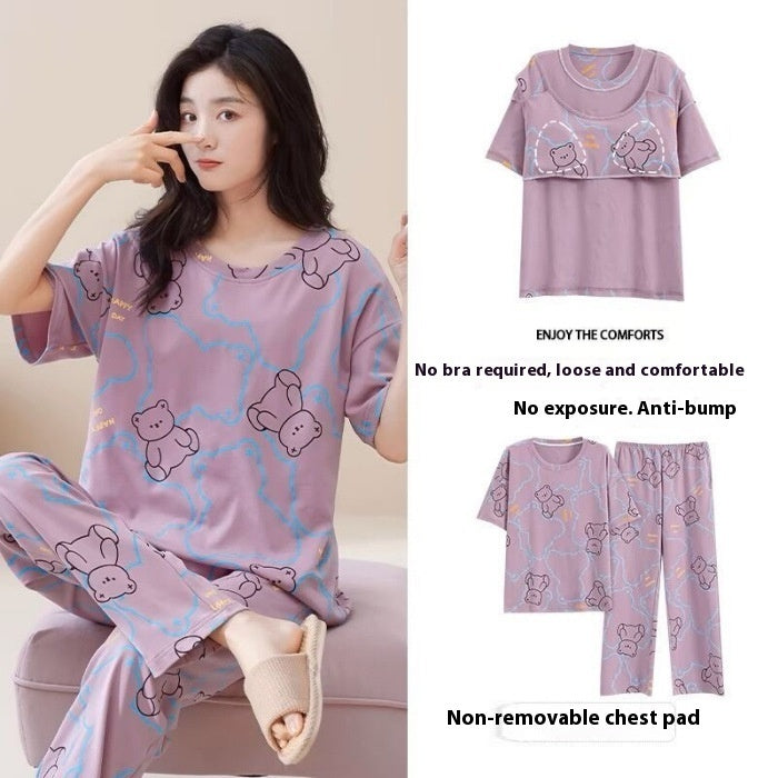 Women's Pajamas Summer Short Sleeve Trousers Sweet With Chest Pad Suit
