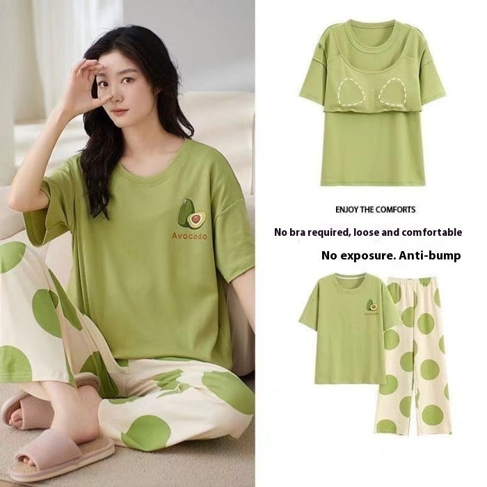 Women's Pajamas Summer Short Sleeve Trousers Sweet With Chest Pad Suit